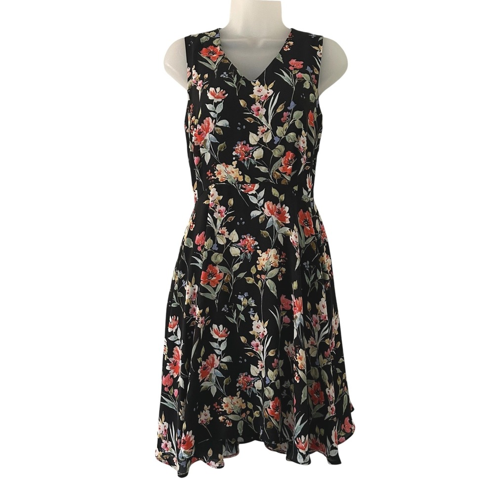 Rose & Olive Women's Fit & Flare Black Floral Sleeveless V-Neck Midi Dress XS